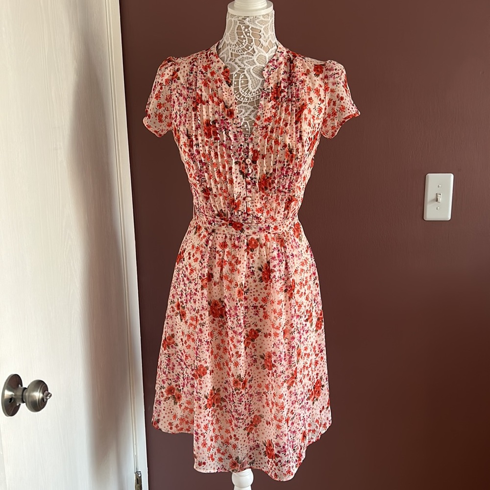 CHAUS Floral Pleat Dress in Pink and Orange